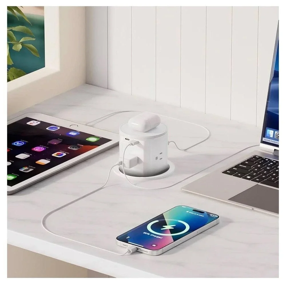 20A‎ 125V Pop Up Desk Countertop Outlet 15W Wireless Charger USB Ports White